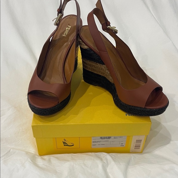 Fendi Shoes - Fendi Brown Leather Peep-Toe Slingback Wedge Sandals